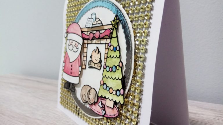 Card natalizia con scenetta e sfondo diamantato