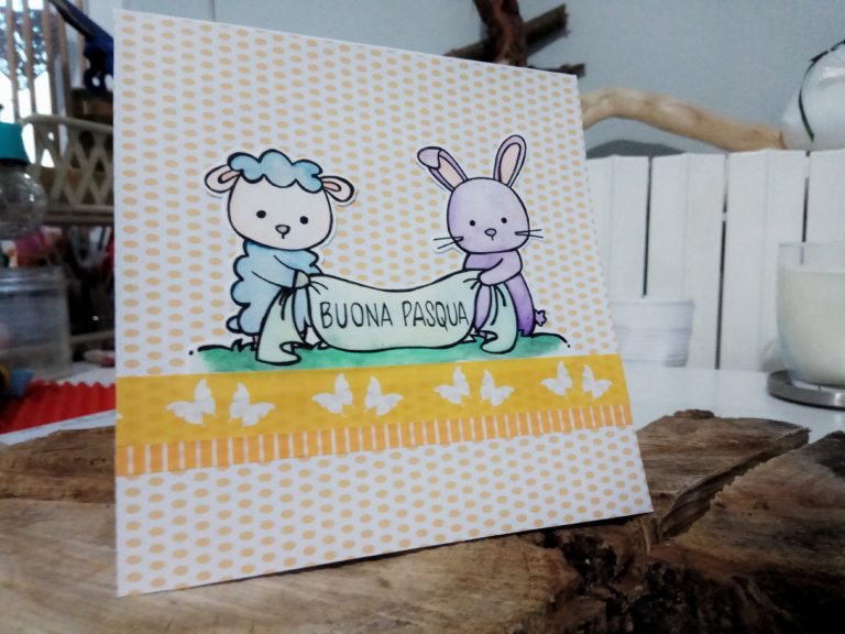 Card di Pasqua con coniglietto e agnello in stile cartoon